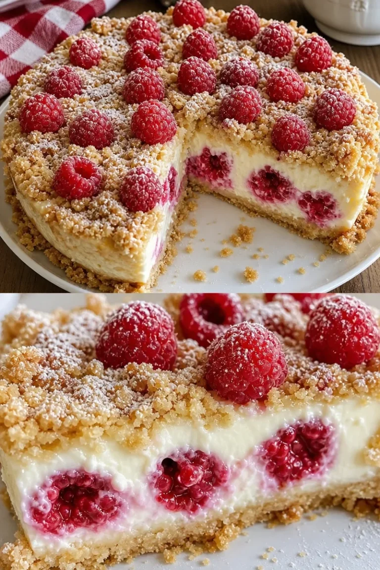 Himbeer-Käsekuchen-Streuselkuchen mit leckeren Streuseln und frischen Himbeeren