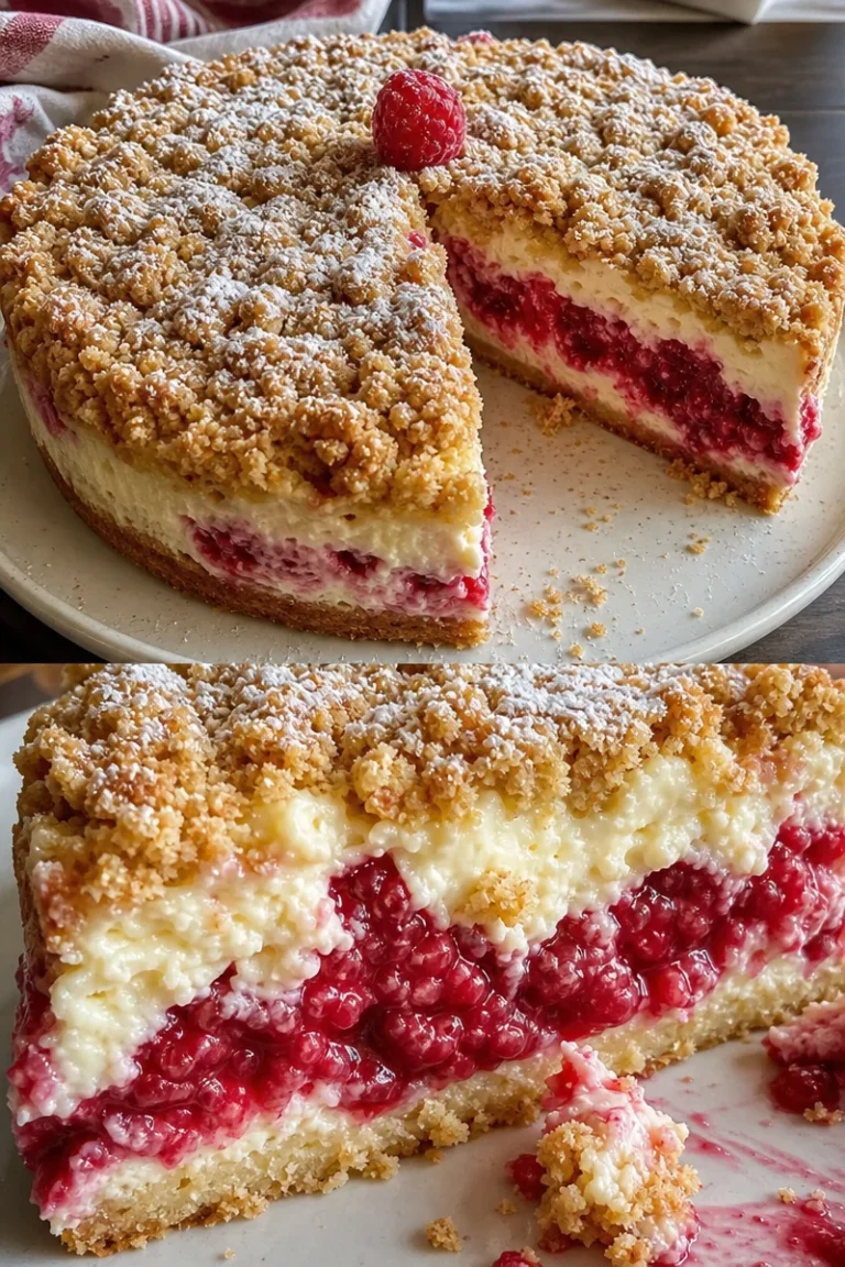 Himbeer-Käsekuchen-Streuselkuchen Rezept 3 Himbeer-Käsekuchen mit Streuseln, frisch gebacken und dekoriert