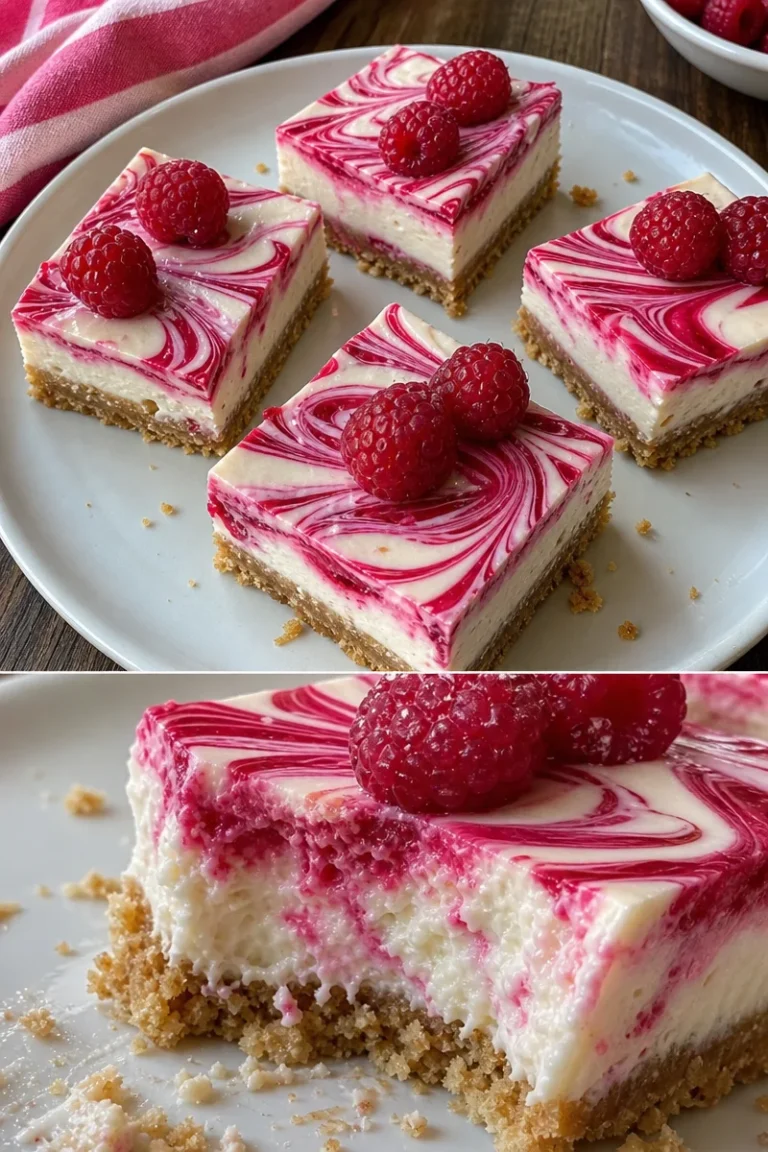 Himbeer-Schokoladen-Cheesecake-Riegel mit frischen Himbeeren und Schokoladensauce