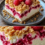 Himbeer Streusel Kuchen mit Joghurt Cheesecake auf einem Teller