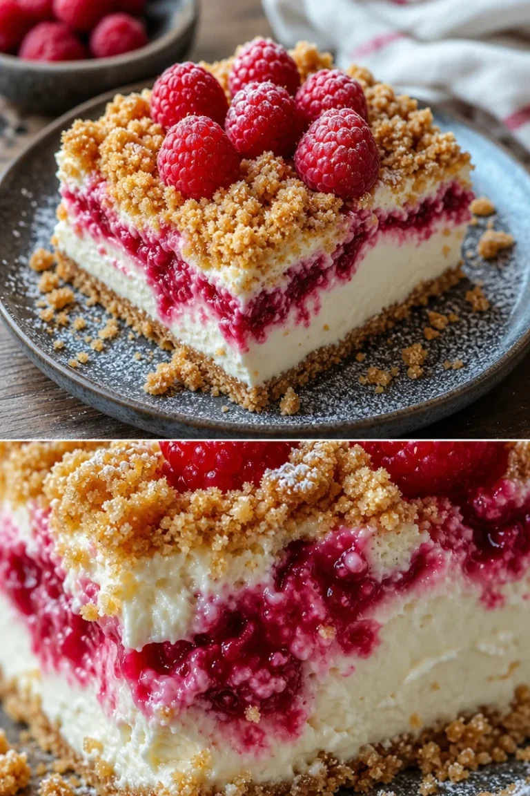Himbeer Streusel Kuchen mit Joghurt Cheesecake 3 Himbeer Streusel Kuchen mit Joghurt Cheesecake auf einem Teller