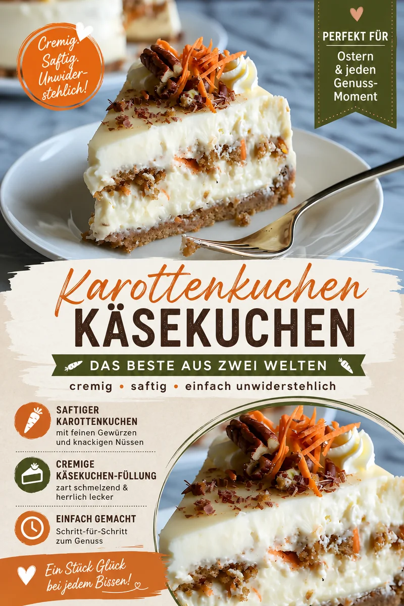 Karottenkuchen Käsekuchen Traum: Der perfekte Genuss für Naschkatzen Karottenkuchen Käsekuchen Traum: Der perfekte Genuss für Naschkatzen - Genieße die köstliche Kombination aus cremigem Käsekuchen und saftigem Karottenkuchen! Mit einer unwiderstehlichen Frischkäseglasur ist dieser Karottenkuchen Käsekuchen Traum die ideale Leckerei für jeden Anlass. Mach dich bereit, deine Gäste zu beeindrucken und jeden Bissen zu genießen. Probiere das Rezept jetzt aus und teile deine Kreationen mit uns! #Karottenkuchen #Käsekuchen #Dessertliebe
