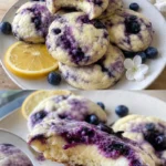 Käsekuchen-Cookies mit Zitronen und Heidelbeeren auf einem Teller dekoriert