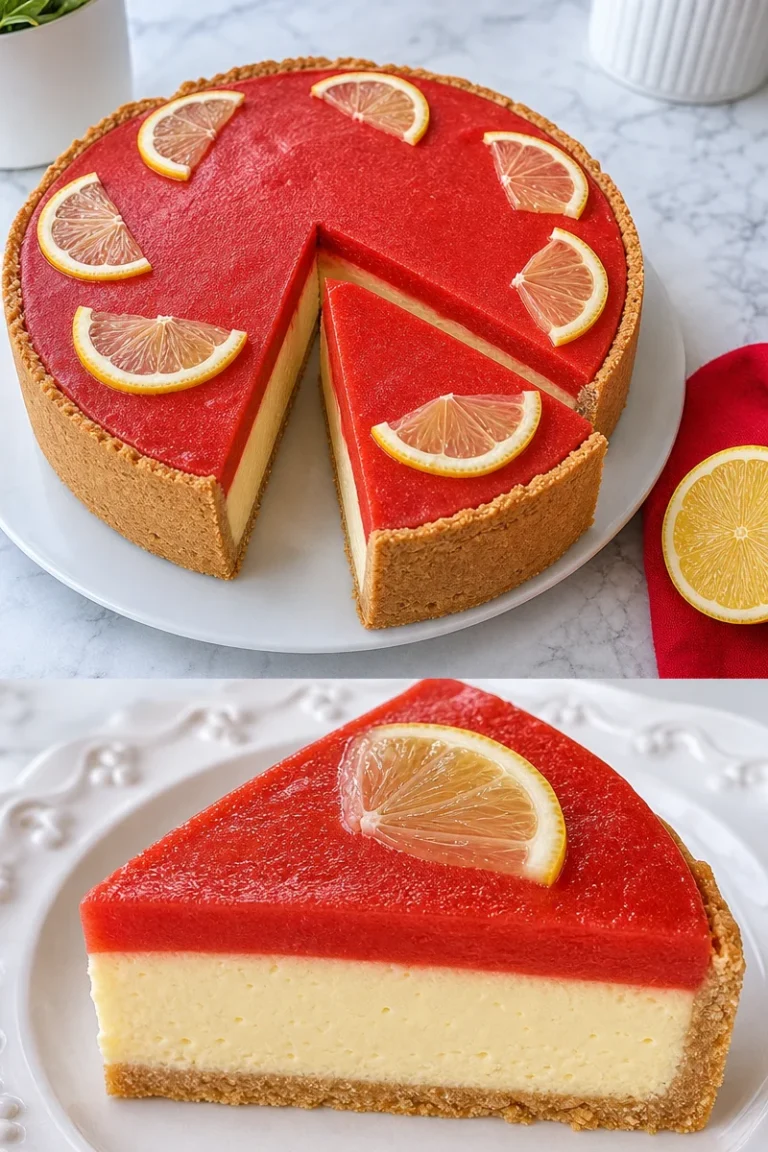 Käsekuchen mit Erdbeerguss auf einem Teller serviert