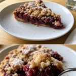 Kirsch-Streusel-Kuchen auf einem Teller, serviert mit Sahne