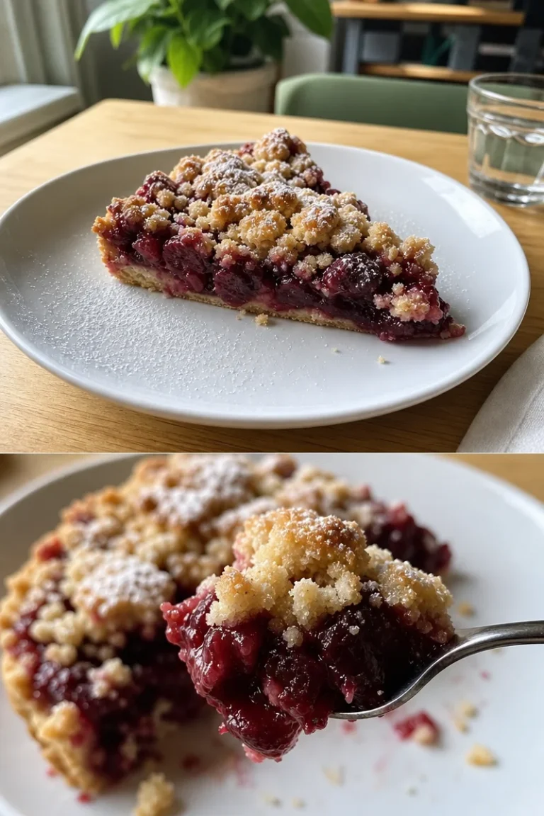 Kirsch-Streusel-Kuchen auf einem Teller, serviert mit Sahne
