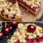Randvoller Kirschkuchen mit knusprigen Streuseln auf einem Teller.