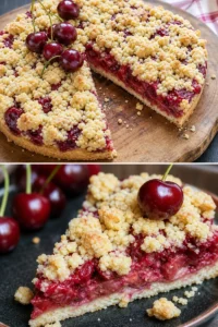 Kirschkuchen mit Streusel Rezept 9 Randvoller Kirschkuchen mit knusprigen Streuseln auf einem Teller.