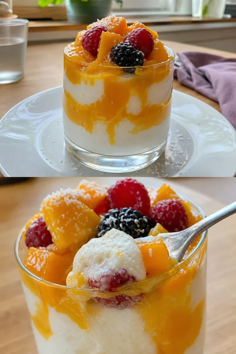 Kokos-Mousse selbstgemacht 6 Selbstgemachtes Kokos-Mousse in einer Schüssel dekoriert mit Kokosraspeln.