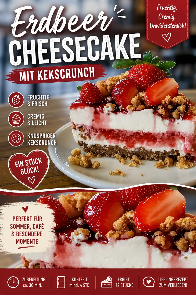 Leckerer Erdbeer-Knusper-Käsekuchen - Einfach ohne Backen zubereiten! Leckerer Erdbeer-Knusper-Käsekuchen - Einfach ohne Backen zubereiten! - Hast du Lust auf einen cremigen und fruchtigen Käsekuchen? Unser Erdbeer-Knusper-Käsekuchen ist der perfekte Sommergenuss und kommt ganz ohne Backen aus! Erlebe die Kombination aus knusprigen Keksen und frischem Erdbeer-Geschmack. Probiere es jetzt und verwöhne dich mit diesem himmlischen Dessert. Teile das Rezept mit Freunden! #ErdbeerKäsekuchen #DessertRezepte #SommerGenuss