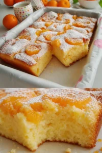 Mandarinen-Buttermilchkuchen vom Blech 2 Saftiger Mandarinen-Buttermilchkuchen vom Blech auf einem Teller serviert.