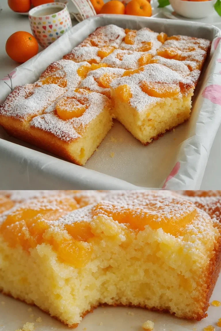 Mandarinen-Buttermilchkuchen vom Blech 3 Saftiger Mandarinen-Buttermilchkuchen vom Blech auf einem Teller serviert.