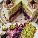 Pistazien- und Brombeer-Olivenölkuchen auf einem Teller serviert