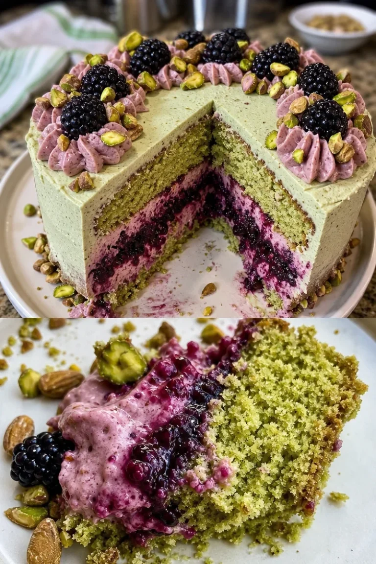 Pistazien- und Brombeer-Olivenölkuchen Rezept 3 Pistazien- und Brombeer-Olivenölkuchen auf einem Teller serviert