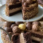 Leckere Rocher-Torte mit Schokolade und Nüssen auf einem dekorativen Teller.