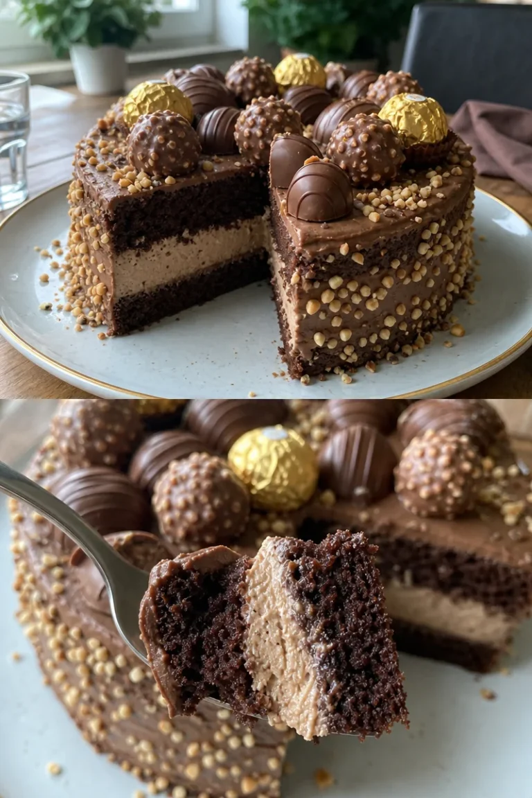 Rocher-Torte 2 Leckere Rocher-Torte mit Schokolade und Nüssen auf einem dekorativen Teller.