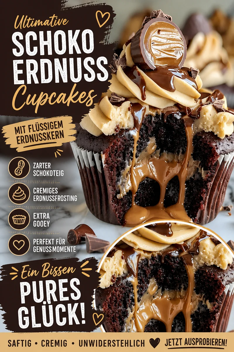 Saftige Erdnussbutter Schoko Lava Cupcakes: Ein Traum für Schokoladenliebhaber - Entdecke die perfekten Cupcakes für alle Schokoladen- und Erdnussbutter-Fans! Diese saftigen Erdnussbutter Schoko Lava Cupcakes mit geschmolzener Füllung und cremigem Frosting sind ein absolutes Muss für dein nächstes Dessert. Lass dich von ihrem unwiderstehlichen Geschmack verführen und beeindrucken deine Freunde und Familie. Probiere es jetzt aus und kreiere diese süße Versuchung! #Cupcakes #Erdnussbutter #Dessertliebe