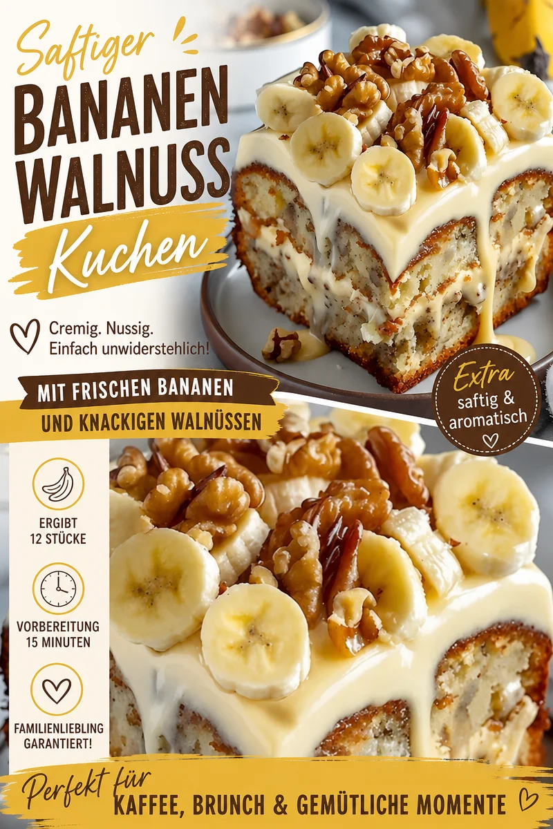 Saftiger Bananen-Walnuss-Kuchen mit cremigem Vanille-Topping Saftiger Bananen-Walnuss-Kuchen mit cremigem Vanille-Topping - Dieser saftige Bananen-Walnuss-Kuchen wird dein neuer Favorit! Mit einer feinen Vanillecreme und knackigen Walnüssen ist dieses Rezept perfekt für jede Kaffeetafel oder als Dessert. Lass dich von diesem himmlischen Geschmack verzaubern und bringe Freude in deine Küche. Probiere dieses Rezept jetzt aus! #Bananenkuchen #Dessert #Kuchenliebe