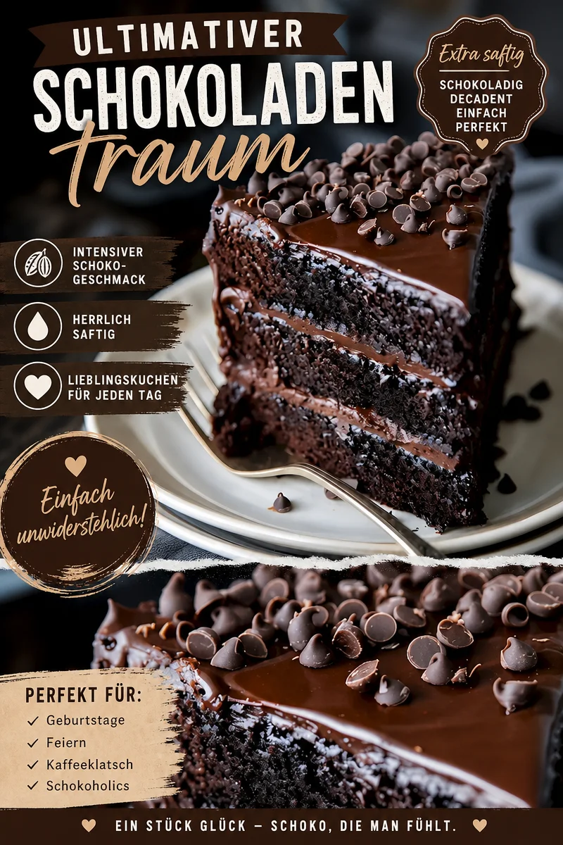 Saftiger Schoko-Schichtkuchen: Ein Traum für Schokoladenliebhaber Saftiger Schoko-Schichtkuchen: Ein Traum für Schokoladenliebhaber - Dieser saftige Schoko-Schichtkuchen verführt mit seinem intensiven Schokoladengeschmack und cremiger Ganache. Perfekt für Geburtstagsfeiern oder einfach als süße Versuchung für zwischendurch! Lass dich von diesem Rezept begeistern und zaubere diesen Genuss für dich und deine Lieben. Probiere es aus und teile deine Kreationen! #Schokoladenkuchen #Backen #Genuss