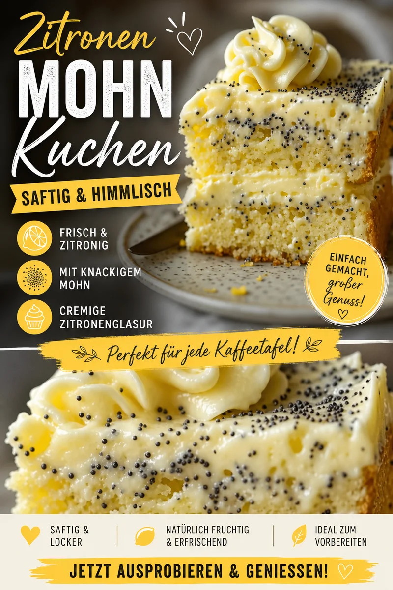 Saftiger Zitronen-Mohn-Kuchen mit cremiger Puddingfüllung - Hast du Hunger auf ein außergewöhnliches Dessert? Probiere diesen saftigen Zitronen-Mohn-Kuchen mit einer unwiderstehlichen Puddingfüllung! Einfach zu machen und ein echter Publikumsmagnet. Ideal für jede Gelegenheit. Verpasse nicht das Rezept! Lass dich inspirieren und teile deine Ergebnisse! #ZitronenKuchen #Backen #Mohnkuchen