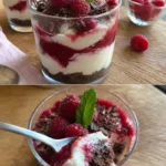 Schokokuss-Dessert im Glas mit Himbeeren als köstliches Rezept
