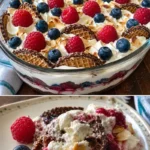 Schokokuss Nachtisch mit Quark und frischen Beeren auf einem Teller