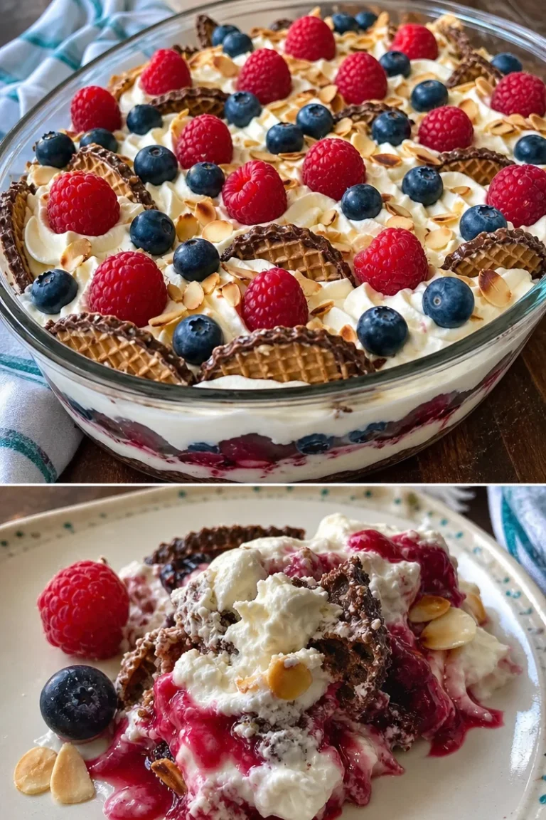 Schokokuss-Nachtisch mit Quark und Beeren Rezept 2 Schokokuss Nachtisch mit Quark und frischen Beeren auf einem Teller