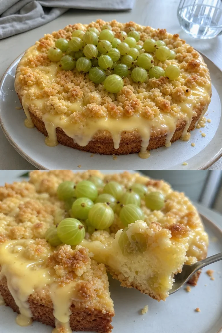 Stachelbeer Streuselkuchen Mit Pudding 4 Stachelbeer Streuselkuchen mit Pudding, frisch gebacken und perfekt serviert
