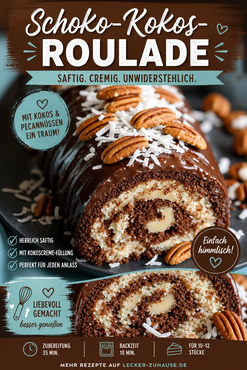 Verführerischer Schokoladen Kokos Rollkuchen mit Pekannüssen – Einfach selbst gemacht! Verführerischer Schokoladen Kokos Rollkuchen mit Pekannüssen – Einfach selbst gemacht! - Hast du Lust auf eine süße, aber aufregende Nachspeise? Unser Schokoladen-Kokos-Pekannuss-Rollkuchen ist der perfekte Genuss für dich! Dieser Leckerbissen sieht kompliziert aus, ist aber im Handumdrehen zubereitet. Lass dich von den intensiven Aromen und der saftigen Textur verzaubern. Probiere das Rezept jetzt aus und überzeuge dich selbst! #Kuchen #Dessert #Backen