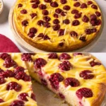 Versunkener Kirschkuchen mit Pudding auf einem Teller