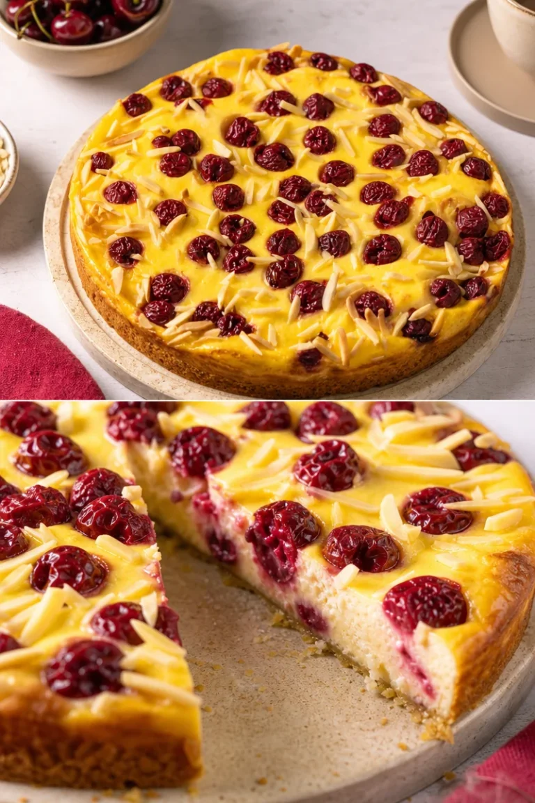Versunkener Kirschkuchen mit Pudding Rezept 1 Versunkener Kirschkuchen mit Pudding auf einem Teller