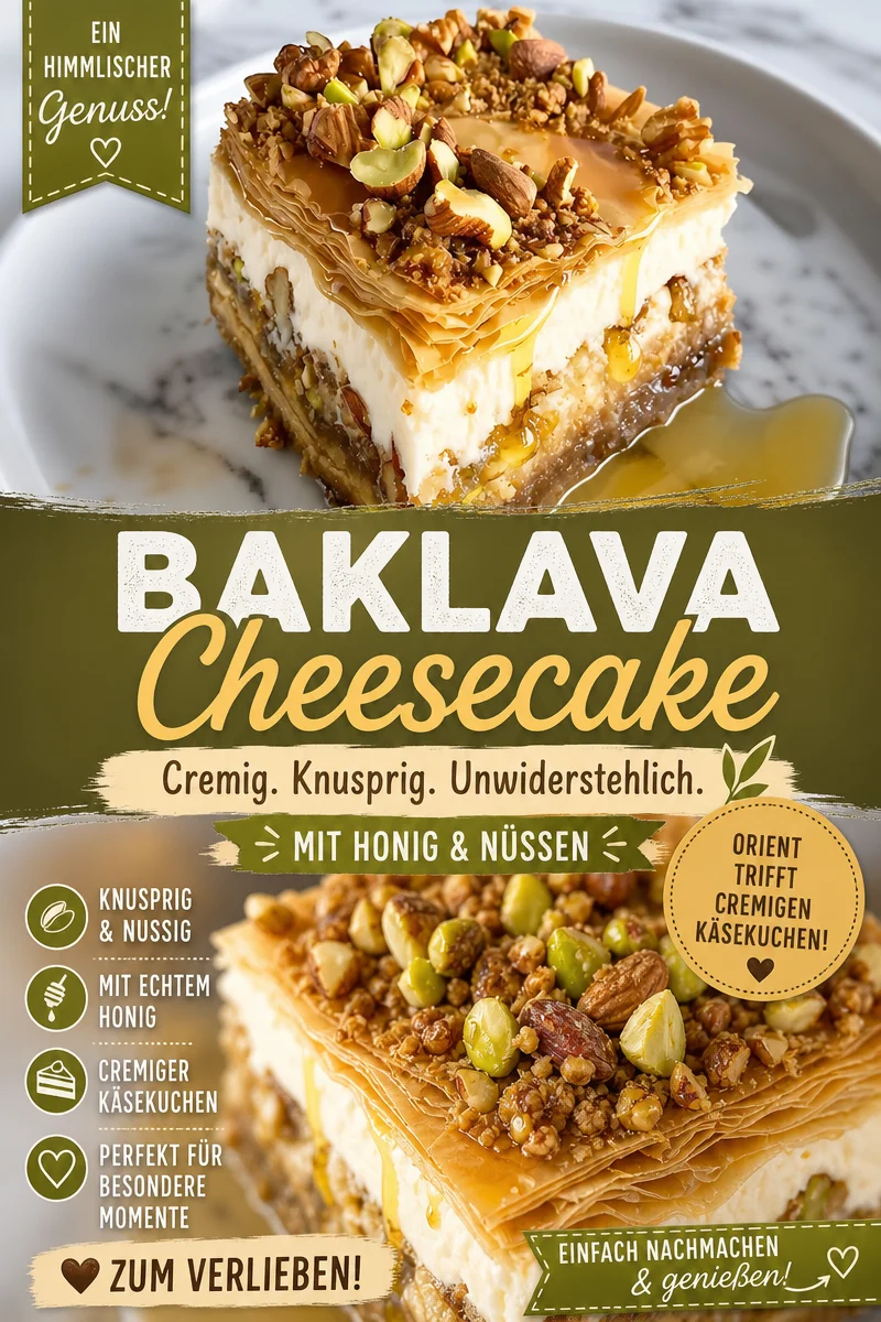 Verwandle deinen Tag mit diesem Honig-Baklava-Käsekuchen Rezept Verwandle deinen Tag mit diesem Honig-Baklava-Käsekuchen Rezept - Bist du bereit für ein Geschmackserlebnis der Extraklasse? Probiere unser köstliches Honig-Baklava-Käsekuchen Rezept, das die Aromen von zartem Filoteig, knusprigen Nüssen und einer cremigen Käseschicht vereint. Ideal für jede Feier oder einfach zum Verwöhnen. Starte gleich dein Backabenteuer und überrasche deine Liebsten! Hol dir jetzt das Rezept! #Käsekuchen #Backen #Desserts