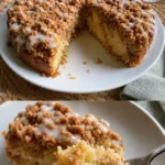 Zimt-Apfel-Bröselkuchen auf einem Teller, dekoriert mit Zimtstangen und frischen Äpfeln