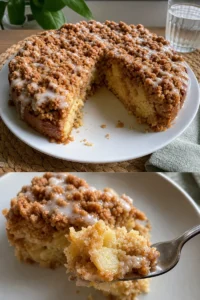 Zimt-Apfel-Bröselkuchen Rezept 3 Zimt-Apfel-Bröselkuchen auf einem Teller, dekoriert mit Zimtstangen und frischen Äpfeln