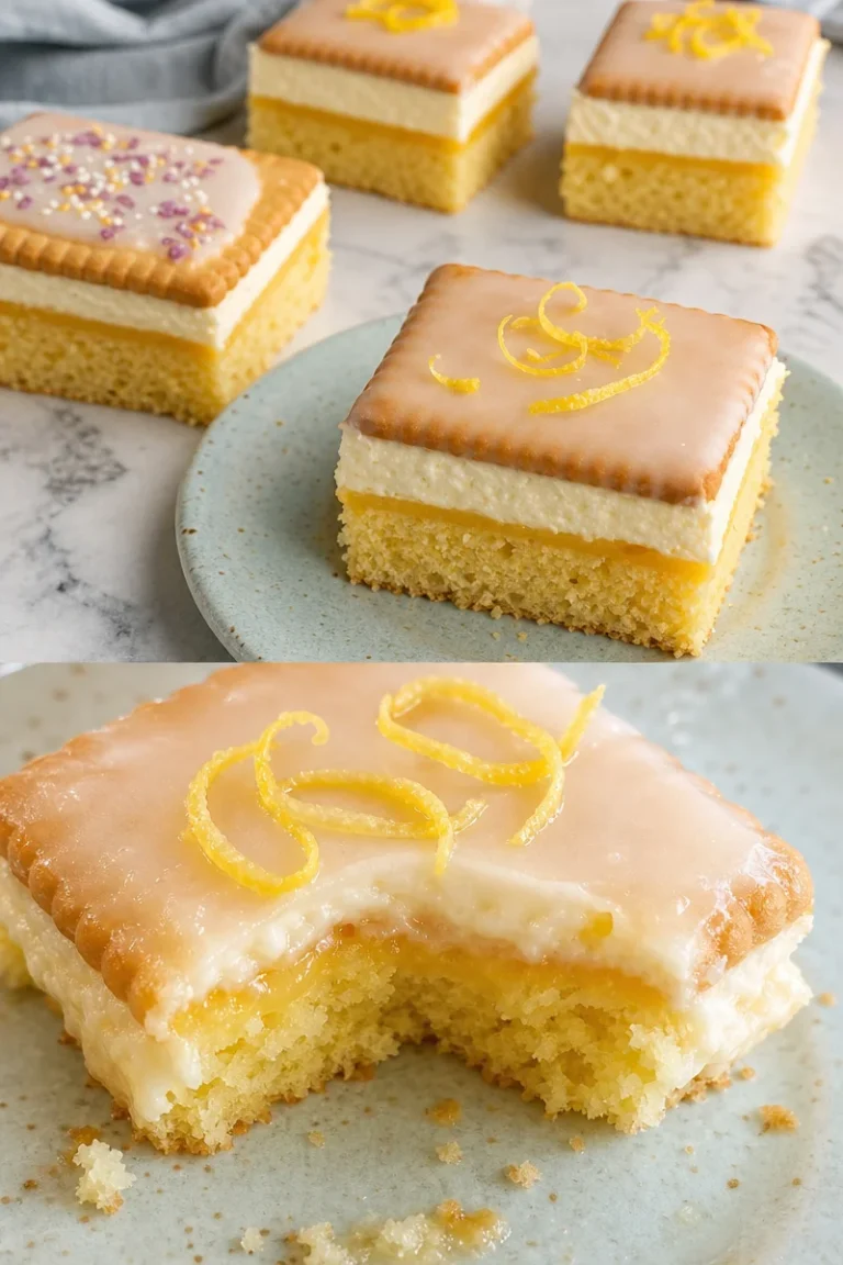 Zitronen-Butterkeks-Kuchen Rezept 4 Zitronen-Butterkeks-Kuchen auf einem Teller serviert