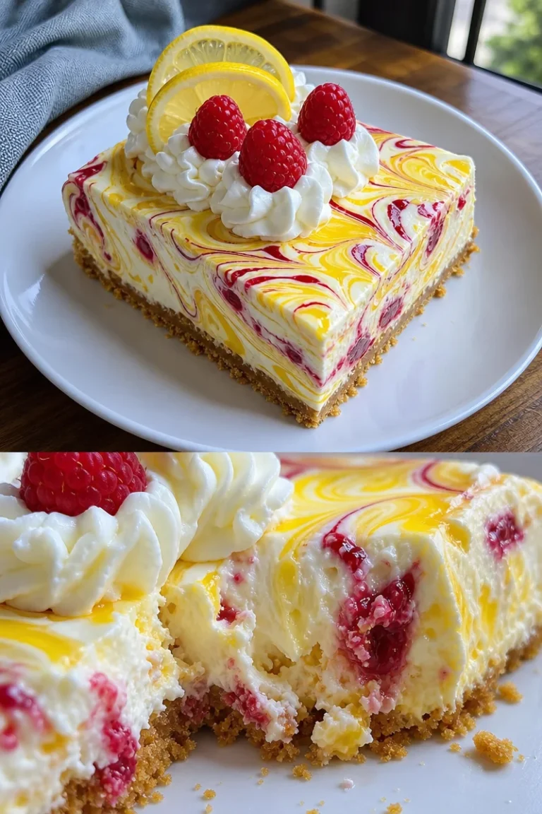 Zitronen-Himbeer-Marmor-Käsekuchen 7 Zitronen-Himbeer-Marmor-Käsekuchen auf einem Teller, dekoriert mit frischen Himbeeren.