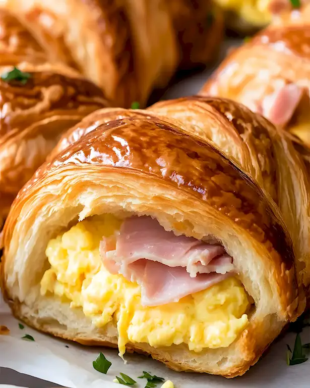 Buttrige Croissant Sandwiches mit Ei, Schinken & Käse 3 Buttrige Croissant Sandwiches mit Ei, Schinken & Käse