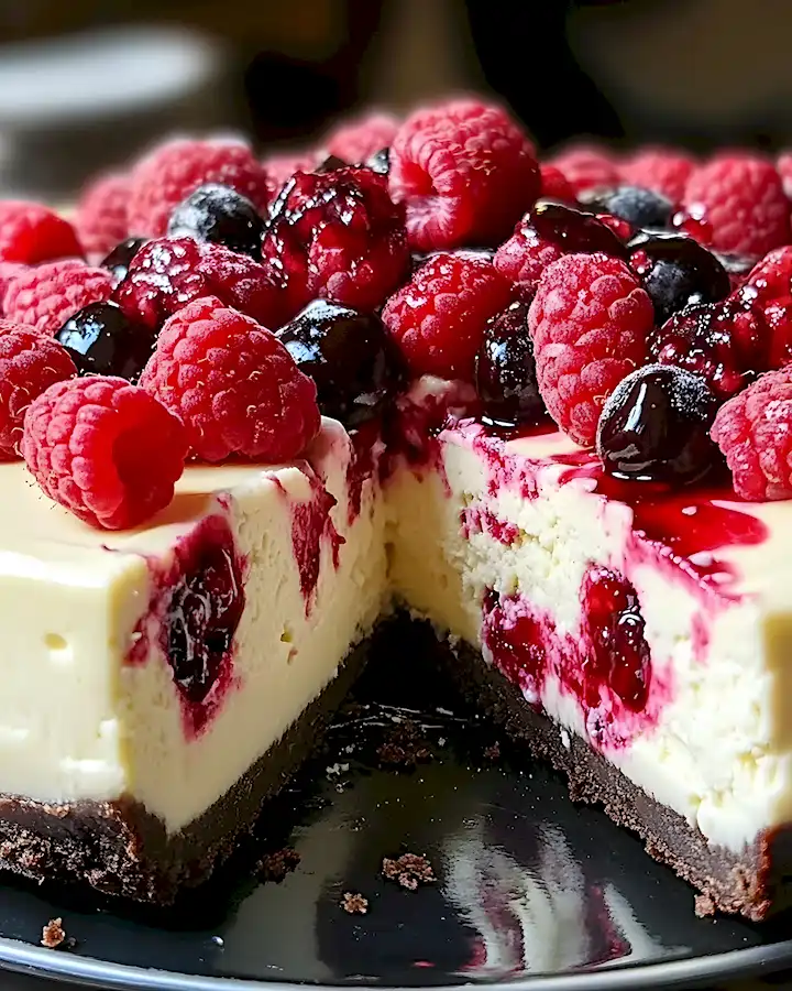 Cremiger Käsekuchen mit weißer Schokolade und Himbeeren 3 Cremiger Käsekuchen mit weißer Schokolade und Himbeeren