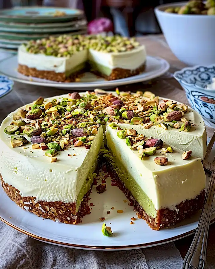 Cremiger Pistazien-Käsekuchen mit weißer Schokolade 3 Cremiger Pistazien-Käsekuchen mit weißer Schokolade
