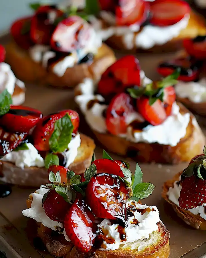 Crostini mit Erdbeeren, Balsamico und Ricotta 3 Crostini mit Erdbeeren, Balsamico und Ricotta