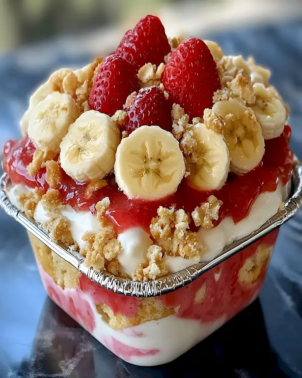 Fruchtiger Erdbeer Bananen Pudding mit Crunch