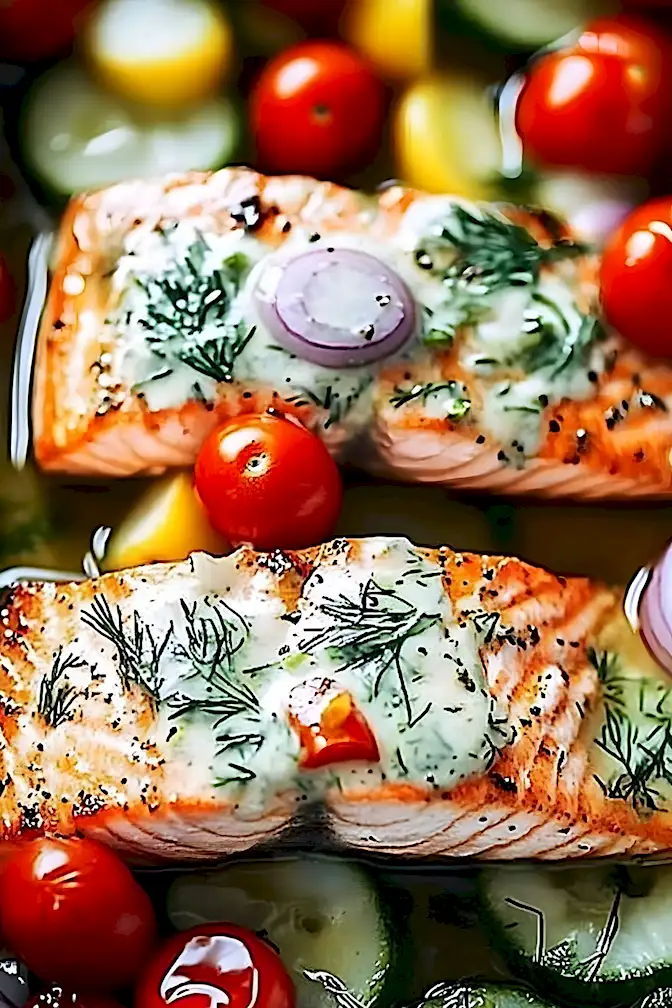 Gebackener Lachs Mediterran mit Dillsauce 3 Gebackener Lachs Mediterran mit Dillsauce