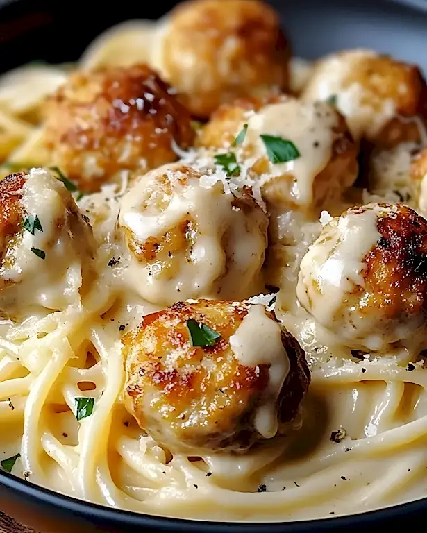 Hähnchenbällchen in Knoblauchbutter mit cremiger Parmesan Pasta 3 Hähnchenbällchen in Knoblauchbutter mit cremiger Parmesan Pasta