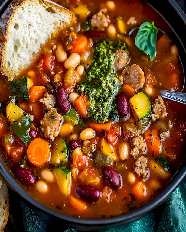 Herzhafte Minestrone mit Wurst und Pesto 3 Herzhafte Minestrone mit Wurst und Pesto