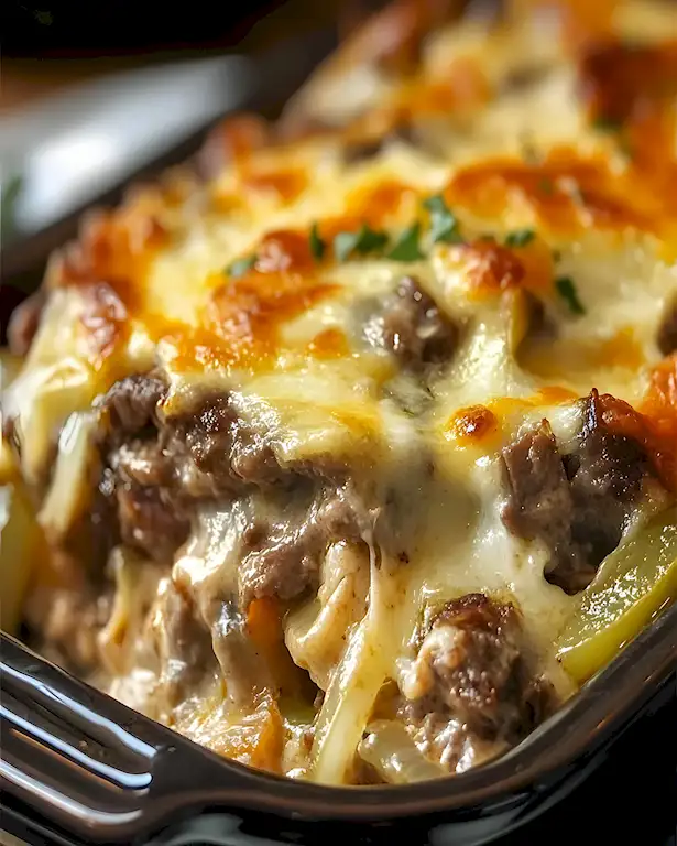 Herzhafter Philly Cheesesteak Auflauf mit viel Käse 3 Herzhafter Philly Cheesesteak Auflauf mit viel Käse