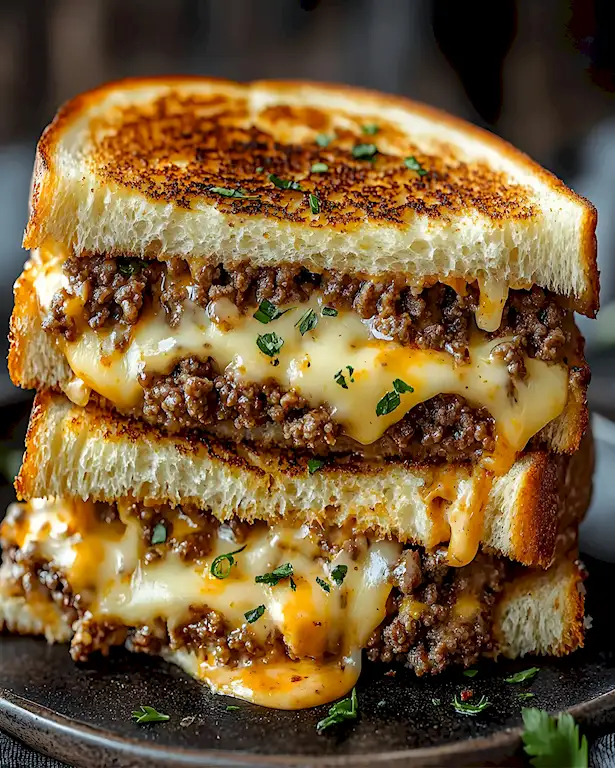 Herzhaftes Käse-Hackfleisch-Sandwich vom Grill