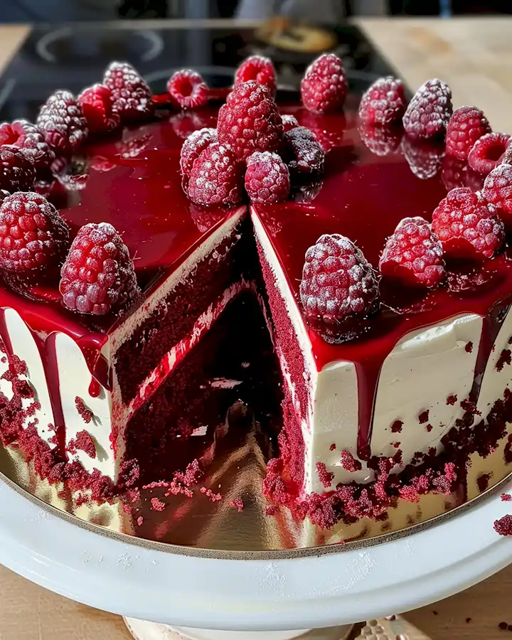 Himbeer-Käsekuchen auf Roter Samt Boden