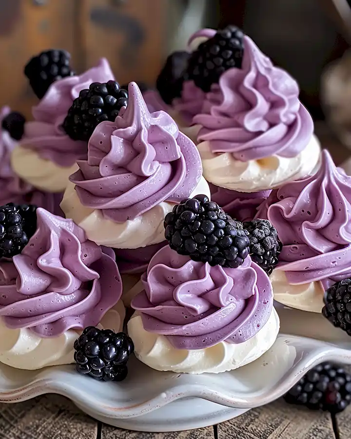 Kleine Baiser-Törtchen mit frischer Brombeercreme 3 Kleine Baiser-Törtchen mit frischer Brombeercreme
