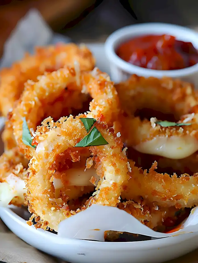 Knusprige Zwiebelringe gefüllt mit Mozzarella 3 Knusprige Zwiebelringe gefüllt mit Mozzarella