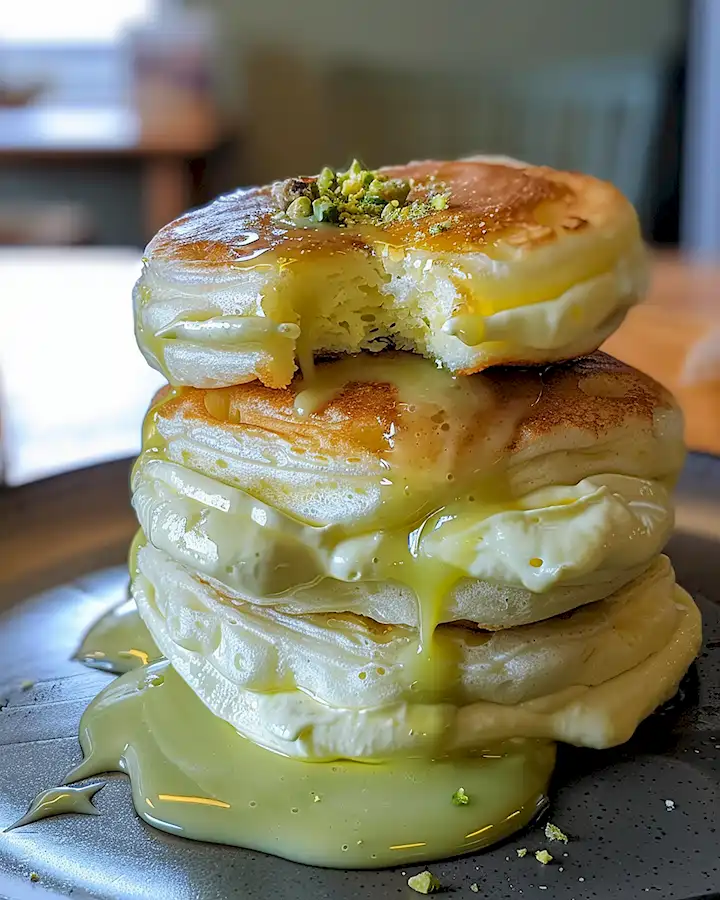 Luftige Pfannkuchen gefüllt mit Pistaziencreme